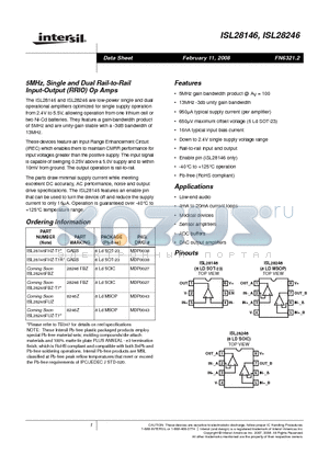 ISL28146FHZ-T7A datasheet - 5MHz, Single and Dual Rail-to-Rail Input-Output (RRIO) Op Amps