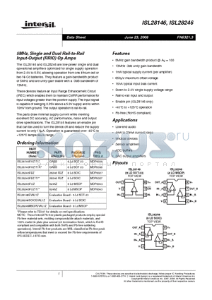 ISL28146FHZ-T7A datasheet - 5MHz, Single and Dual Rail-to-Rail Input-Output (RRIO) Op Amps