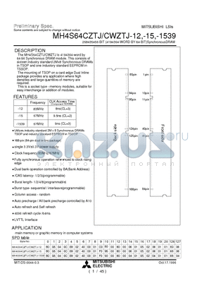 MH4S64CWZTJ-12 datasheet - 268435456-BIT (4194304-WORD BY 64-BIT)SynchronousDRAM