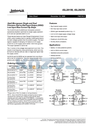 ISL28156_0812 datasheet - Low Input Bias Current Op Amps