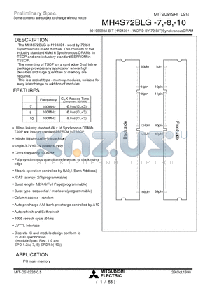 MH4S72BLG-7 datasheet - 301989888-BIT (4194304 - WORD BY 72-BIT)SynchronousDRAM