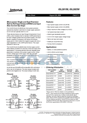 ISL28158 datasheet - Micro-power Single and Dual Precision Rail-to-Rail Input-Output (RRIO) Low Input Bias Current Op Amps