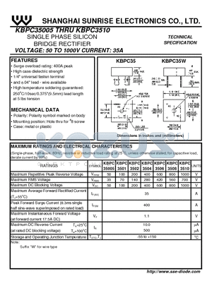 KBPC3504 datasheet - SINGLE PHASE SILICON BRIDGE RECTIFIER