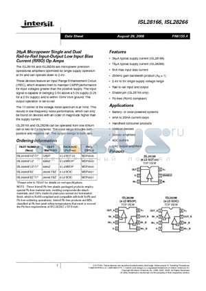 ISL28166 datasheet - 39lA Micropower Single and Dual Rail-to-Rail Input-Output Low Input Bias Current (RRIO) Op Amps