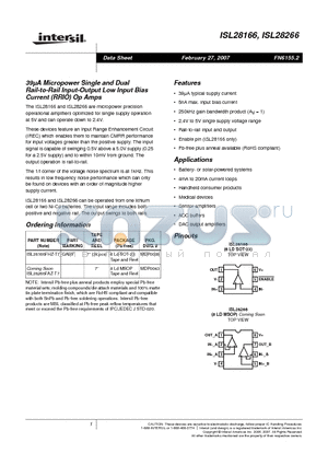 ISL28166FHZ-T7 datasheet - 39uA Micropower Single and Dual Rail-to-Rail Input-Output Low Input Bias Current (RRIO) Op Amps
