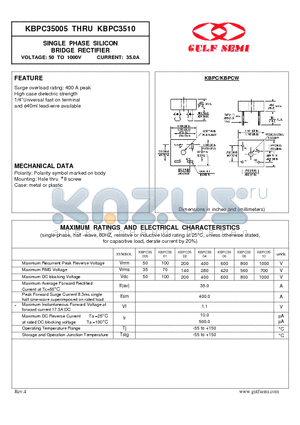 KBPC3504 datasheet - SINGLE PHASE SILICON BRIDGE RECTIFIER VOLTAGE: 50 TO 1000V CURRENT: 35.0A