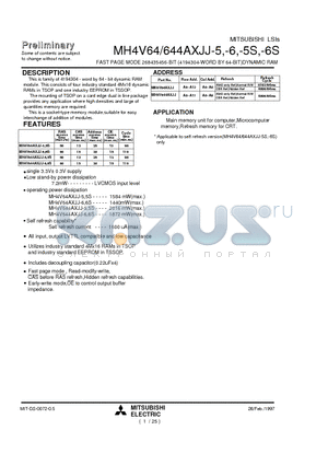 MH4V64AXJJ-6 datasheet - FAST PAGE MODE 268435456-BIT (4194304-WORD BY 64-BIT)DYNAMIC RAM