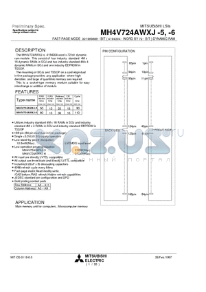 MH4V724AWXJ-5 datasheet - FAST PAGE MODE 301989888 - BIT ( 4194304 - WORD BY 72 - BIT ) DYNAMIC RAM