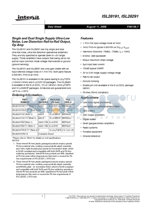 ISL28191FRUZ-T7 datasheet - Low Distortion Rail-to-Rail Output, Op Amp