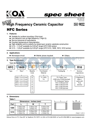 HFC1005TTR15 datasheet - High Frequency Ceramic Capacitor