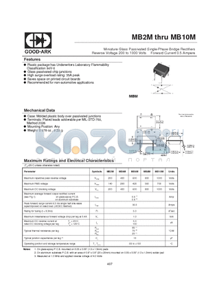 MB2M datasheet - Miniature Glass Passivated Single-Phase Bridge Rectifiers Reverse Voltage 200 to 1000 Volts Forward Current 0.5 Ampere