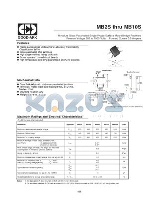 MB2S datasheet - Miniature Glass Passivated Single-Phase Surface Mount Bridge Rectifiers Reverse Voltage 200 to 1000 Volts Forward Current 0.5 Ampere
