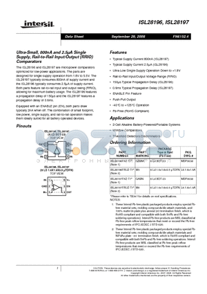 ISL28196 datasheet - Ultra-Small, 800nA and 2.5lA Single Supply, Rail-to-Rail Input/Output RRIO Comparators