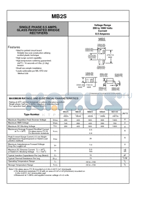 MB2S datasheet - SINGLE PHASE 0.5 AMPS GLASS PASSIVATED BRIDGE RECTIFIERS