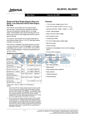 ISL28191FHZ-T7 datasheet - Single and Dual Single Supply Ultra-Low Noise, Low Distortion Rail-to-Rail Output, Op Amp