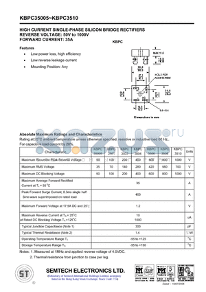 KBPC3506 datasheet - HIGH CURRENT SINGLE-PHASE SILICON BRIDGE RECTIFIERS