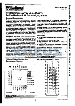 PAL20L8-7JC datasheet - Programmable Array Logic 24-Pin Medium PAL Series -7,-5,and -4