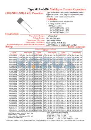M15G109D2-F datasheet - Multilayer Ceramic Capacitors COG (NPO). X7R & Z5U Capacitors