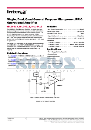 ISL28213FUZ-T7 datasheet - Single, Dual, Quad General Purpose Micropower, RRIO Operational Amplifier