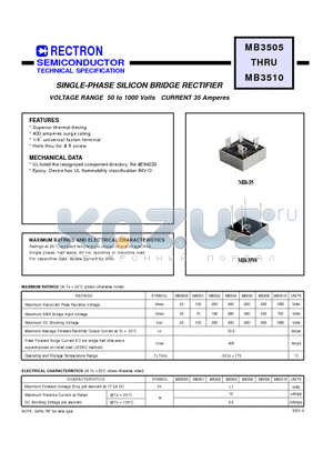 MB3510 datasheet - SINGLE-PHASE SILICON BRIDGE RECTIFIER (VOLTAGE RANGE 50 to 1000 Volts CURRENT 35 Amperes)