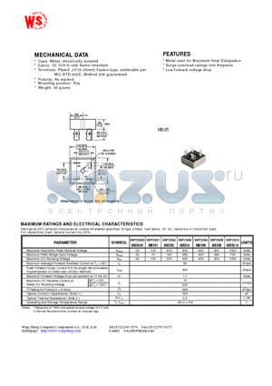 KBPC3508MB358 datasheet - SINGLE-PHASE SILICON BRIDGE RECTIFIER(VOLTAGE RANGE - 50 to 1000 Volts CURRENT - 35 Amperes)