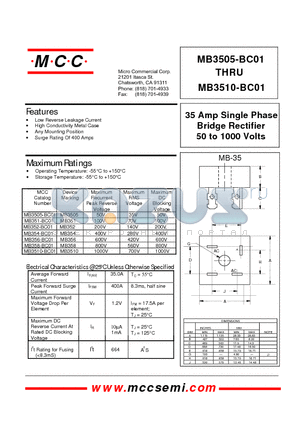 MB3510-BC01 datasheet - 35 Amp Single Phase Bridge Rectifier 50 to 1000 Volts