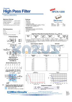 HFCN-1200 datasheet - Ceramic High Pass Filter 1340 to 4600 MHz