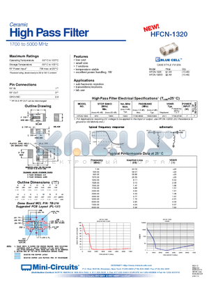 HFCN-1320 datasheet - Ceramic High Pass Filter 1700 to 5000 MHz