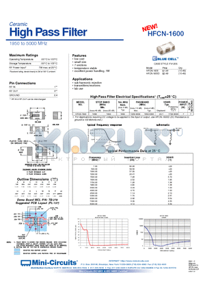 HFCN-1600D datasheet - Ceramic High Pass Filter 1950 to 5000 MHz