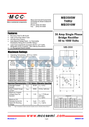 MB351W-BP datasheet - 35 Amp Single Phase Bridge Rectifier 50 to 1000 Volts