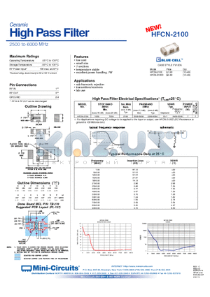HFCN-2100 datasheet - Ceramic High Pass Filter 2500 to 6000 MHz