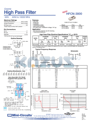 HFCN-3800D datasheet - Ceramic High Pass Filter 50ohm, 4250 to 10000MHz