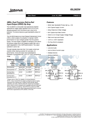 ISL28236FUZ-T7 datasheet - 5MHz, Dual Precision Rail-to-Rail Input-Output (RRIO) Op Amp