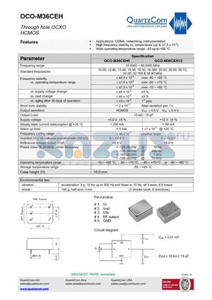 OCO-M36CEH datasheet - Through hole OCXO HCMOS Wide operating temperature range: -40 up to 85 `C