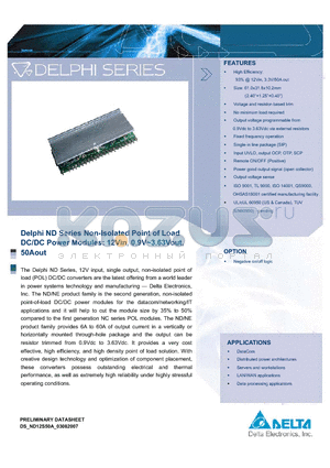 NC12S0A0V50PNFA datasheet - Delphi ND Series Non-Isolated Point of Load DC/DC Power Modules: 12Vin, 0.9V~3.63Vout, 50Aout