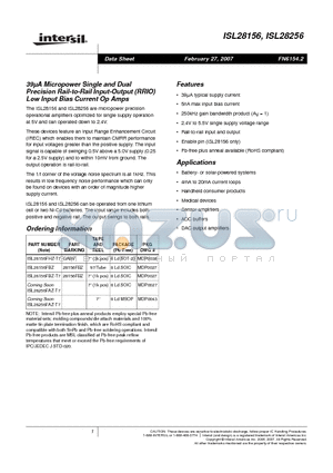 ISL28256 datasheet - 39uA Micropower Single and Dual Precision Rail-to-Rail Input-Output (RRIO) Low Input Bias Current Op Amps