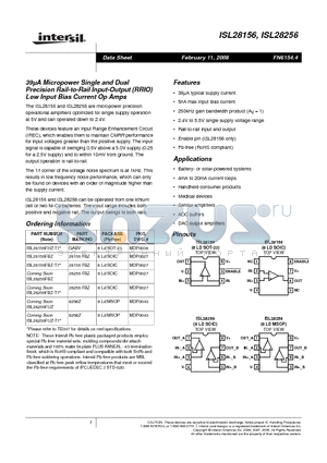 ISL28256FUZ datasheet - 39lA Micropower Single and Dual Precision Rail-to-Rail Input-Output (RRIO) Low Input Bias Current Op Amps