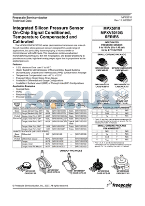 MPXV5010G datasheet - Integrated Silicon Pressure Sensor On-Chip Signal Conditioned, Temperature Compensated and Calibrated