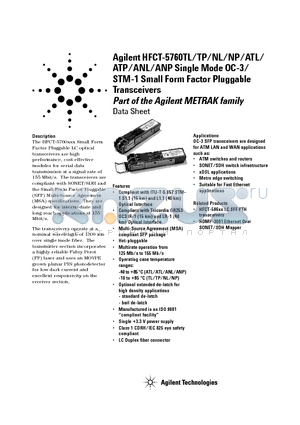 HFCT-5760ANL datasheet - Single Mode OC-3/STM-1 Small Form Factor Pluggable Transceivers