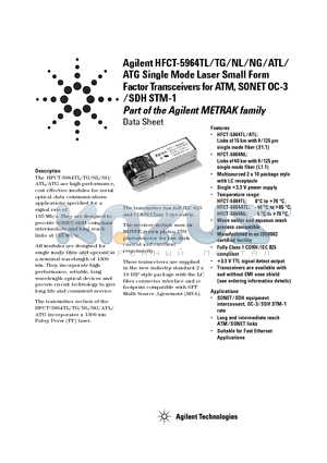 HFCT-5964ATG datasheet - ATG Single Mode Laser Small Form Factor Transceivers for ATM, SONET OC-3 /SDH STM-1 Part of the Agilent METRAK family
