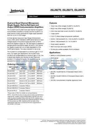 ISL28270_0708 datasheet - Dual and Quad Channel Micropower, Single Supply, Rail-to-Rail Input and Output (RRIO) Instrumentation Amplifiers