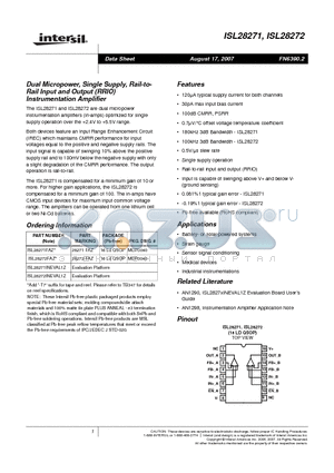ISL28271 datasheet - Dual Micropower, Single Supply, Rail-to- Rail Input and Output (RRIO) Instrumentation Amplifier
