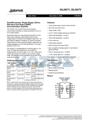 ISL28271FAZ datasheet - Dual Micropower, Single Supply, Rail-to- Rail Input and Output (RRIO) Instrumentation Amplifier