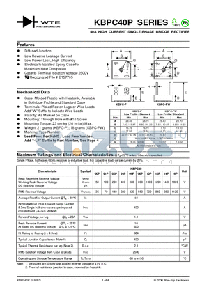 KBPC4002P datasheet - 40A HIGH CURRENT SINGLE-PHASE BRIDGE RECTIFIER