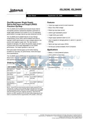 ISL28286 datasheet - Dual Micropower Single Supply Rail-to-Rail Input and Output (RRIO) Precision Op-Amp