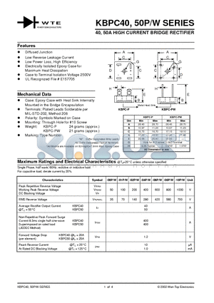 KBPC4004P datasheet - 40, 50A HIGH CURRENT BRIDGE RECTIFIER