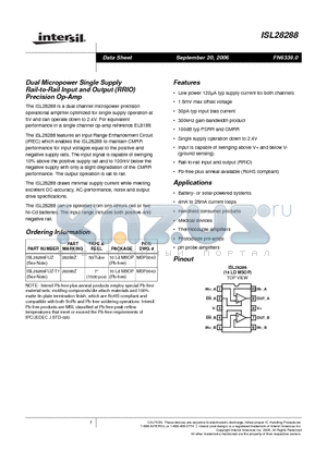 ISL28288 datasheet - Dual Micropower Single Supply Rail-to-Rail Input and Output (RRIO) Precision Op-Amp