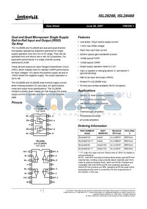 ISL28288 datasheet - Dual and Quad Micropower Single Supply Rail-to-Rail Input and Output (RRIO) Op-Amp