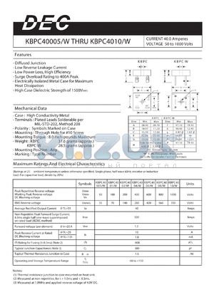 KBPC4006W datasheet - CURRENT 40.0 AMPERES VOLTAGE 50 TO 1000 VOLTS