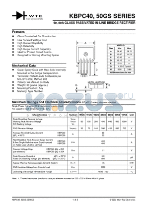 KBPC4008GS datasheet - 40, 50A GLASS PASSIVATED IN-LINE BRIDGE RECTIFIER